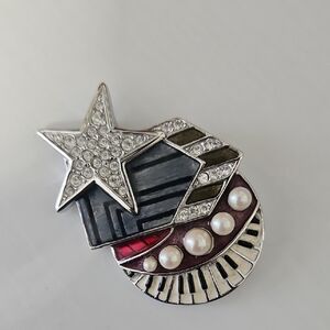 Bob Mackie Vintage Brooch with Piano Keys, Rhinestone Star, Faux Pearls